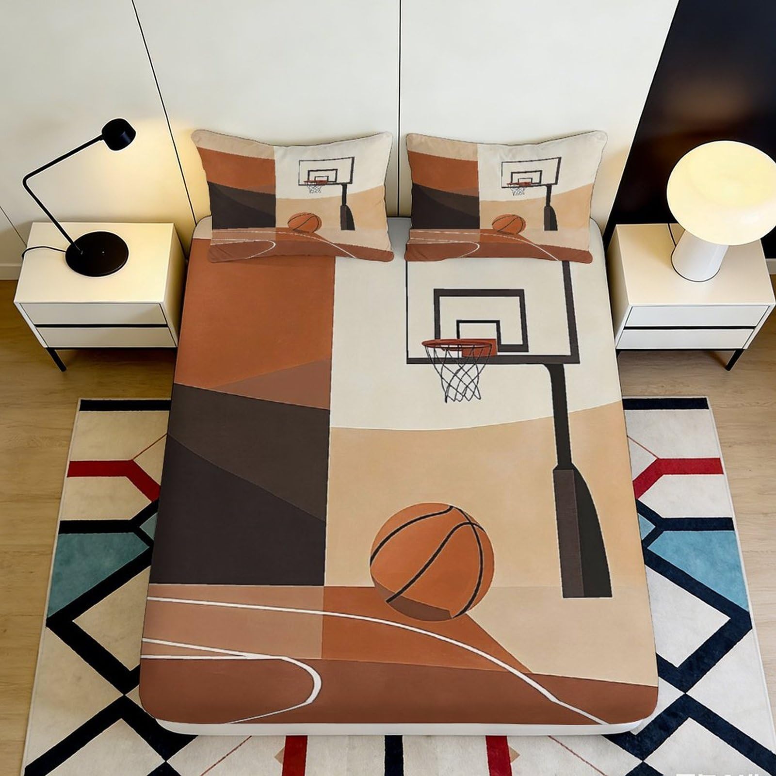 3D Printed Basketball Court Fitted Sheet Microfiber Soft Durable Brown Pattern Bed Cover for Bedroom Dormitory Guest Room Mattress Protection 180x200x25cm