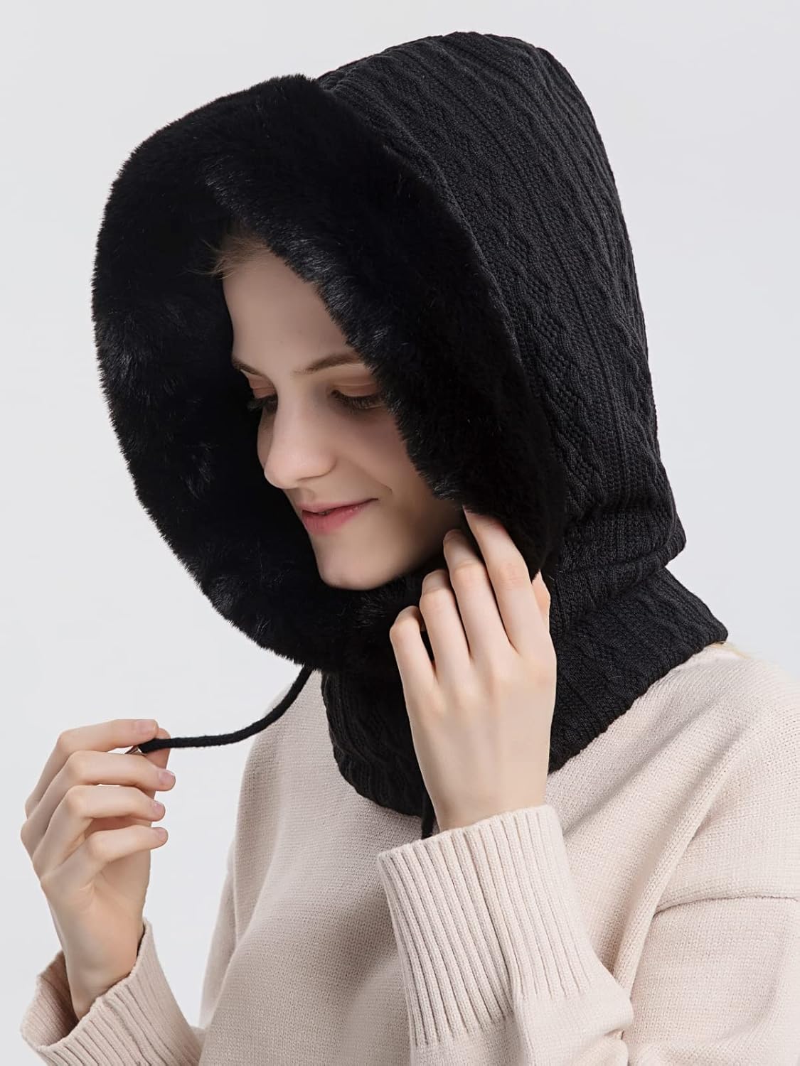 Winter Hats for Women One Piece Slouchy Beanie Scarf Mask Warm Faux Fur Hooded Balaclava Pullover Knitted Cap - Image 6