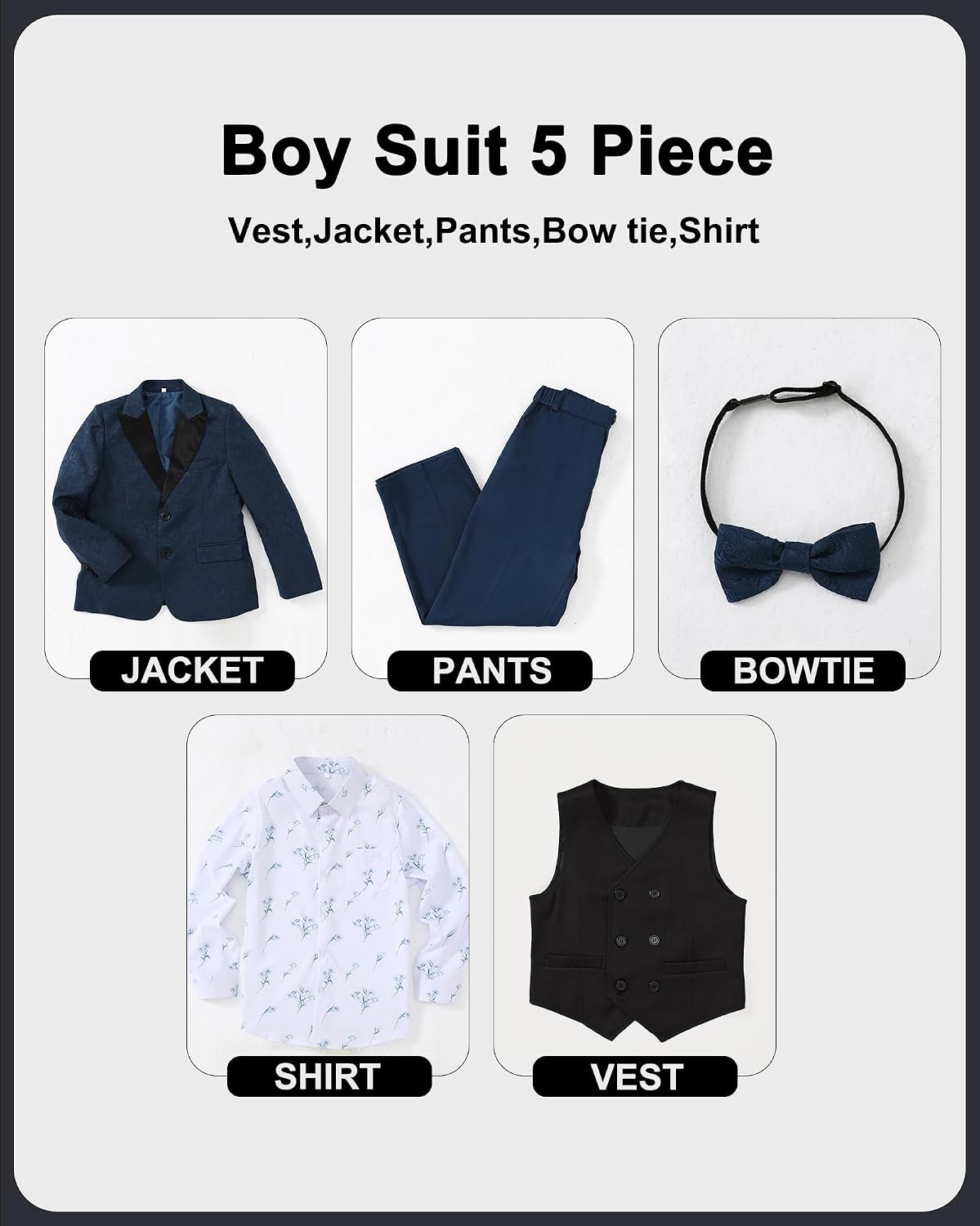 DISAUR Boys Dress Clothes 5-Piece Formal Suit Set, Vest, Pants, Dress Shirt, Bowtie and Boutonniere Kids Wedding Outfit