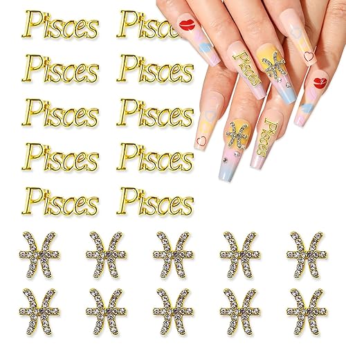 JERCLITY 20pcs Gold Alloy Pisces Zodiac Nail Charms 10pcs Pisces