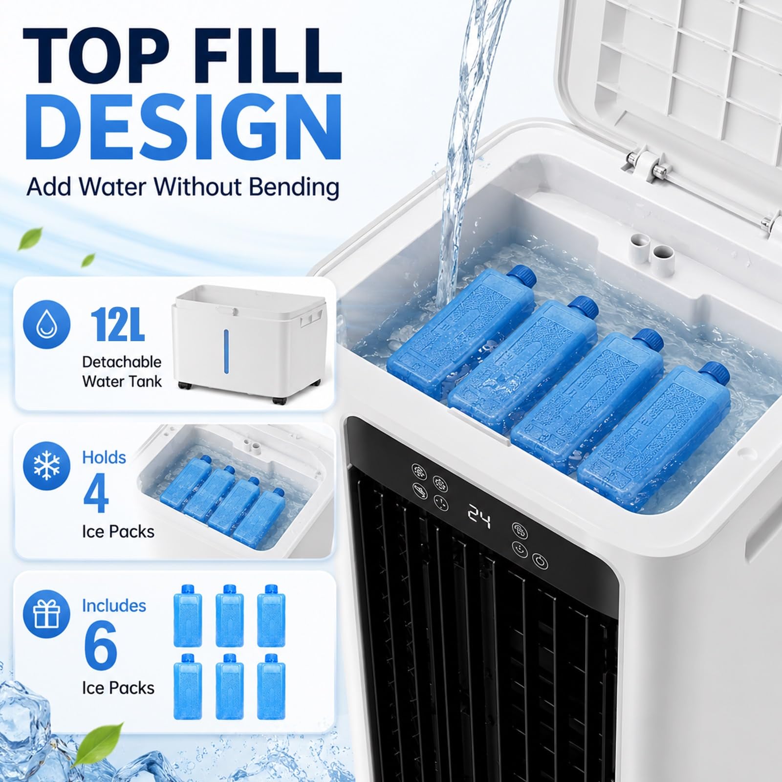 Climatizador Evaporativo Portátil para Hogar, Enfriador de Aire con Ventilador, Depósito de Agua Extraíble, 6 Acumuladores de Frío, Temporizador 12H