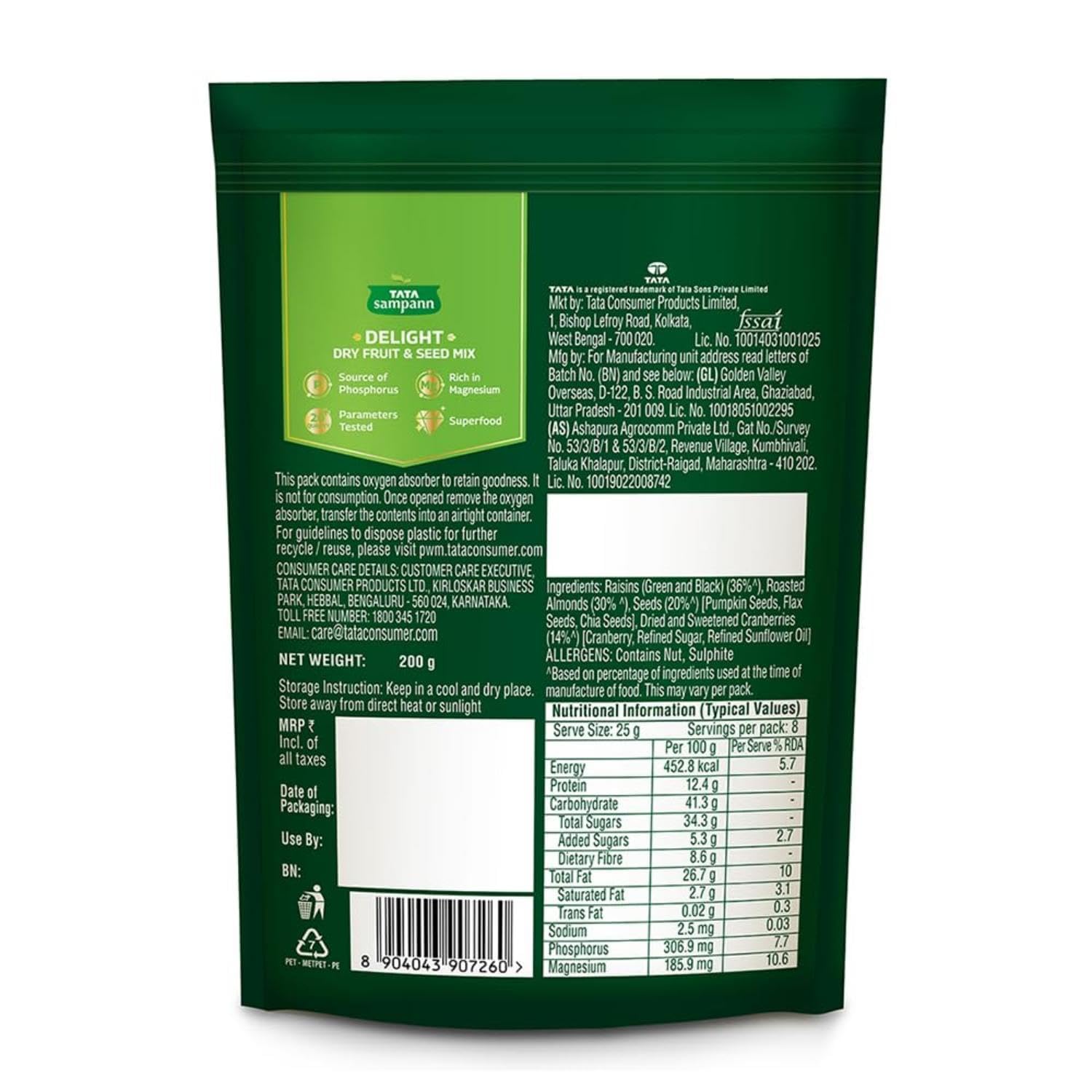 Tata Sampann Delight Dry Fruit & Seed Mix | Power Packed & Crunchy Snack | Trail Mix | High in Protein & Dietary Fibre | Rich in Magnesium | Source of Phosphorus | 200g | Roasted Almonds, Cranberries, Black Raisins, Green Raisins, Pumpkin Seeds, Flax Seeds & Chia Seeds - Image 9 thumbnail