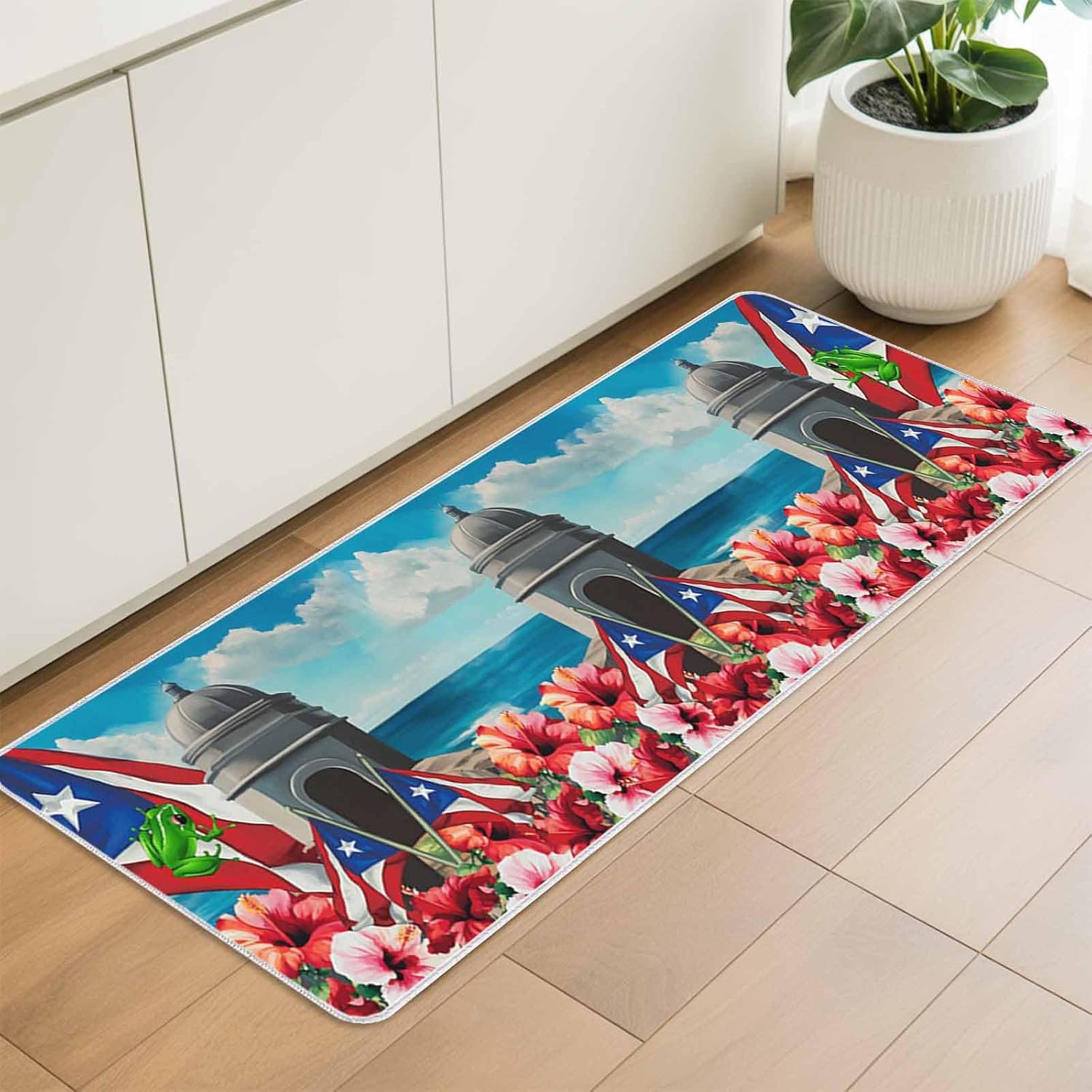 Puerto Rico Flag Hibiscus Flower Kitchen Rug and Mat,Washable Floor Mats Standing Cushioned Set of 2,Frog Floral Ocean Slip-Proof Doormat Runner Rugs for Indoor Bathroom Laundry Sink