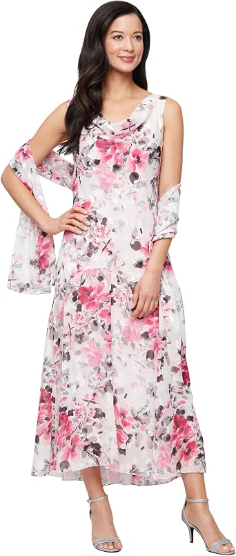 Alex Evenings Womens Formal Sleeveless Cowl Neck Floral Print Gown with Shawl, Wedding Guest, Mother of The Bride Dress