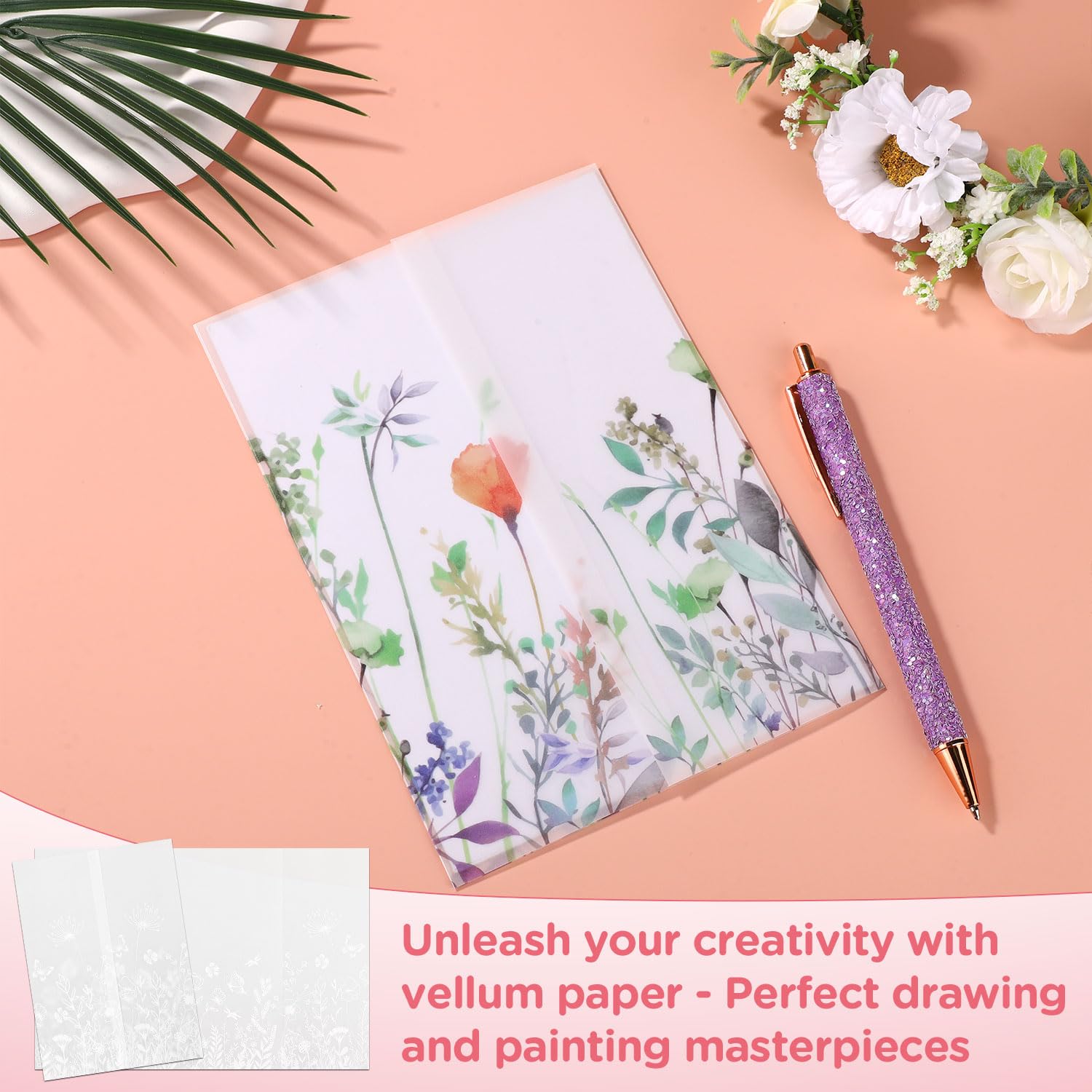50 Pochette Vélin Floral Pré-Pliée 12,9x18 Cm – Enveloppes Translucides Élégantes Pour Invitations Mariage, Baby Shower, Anniversaire