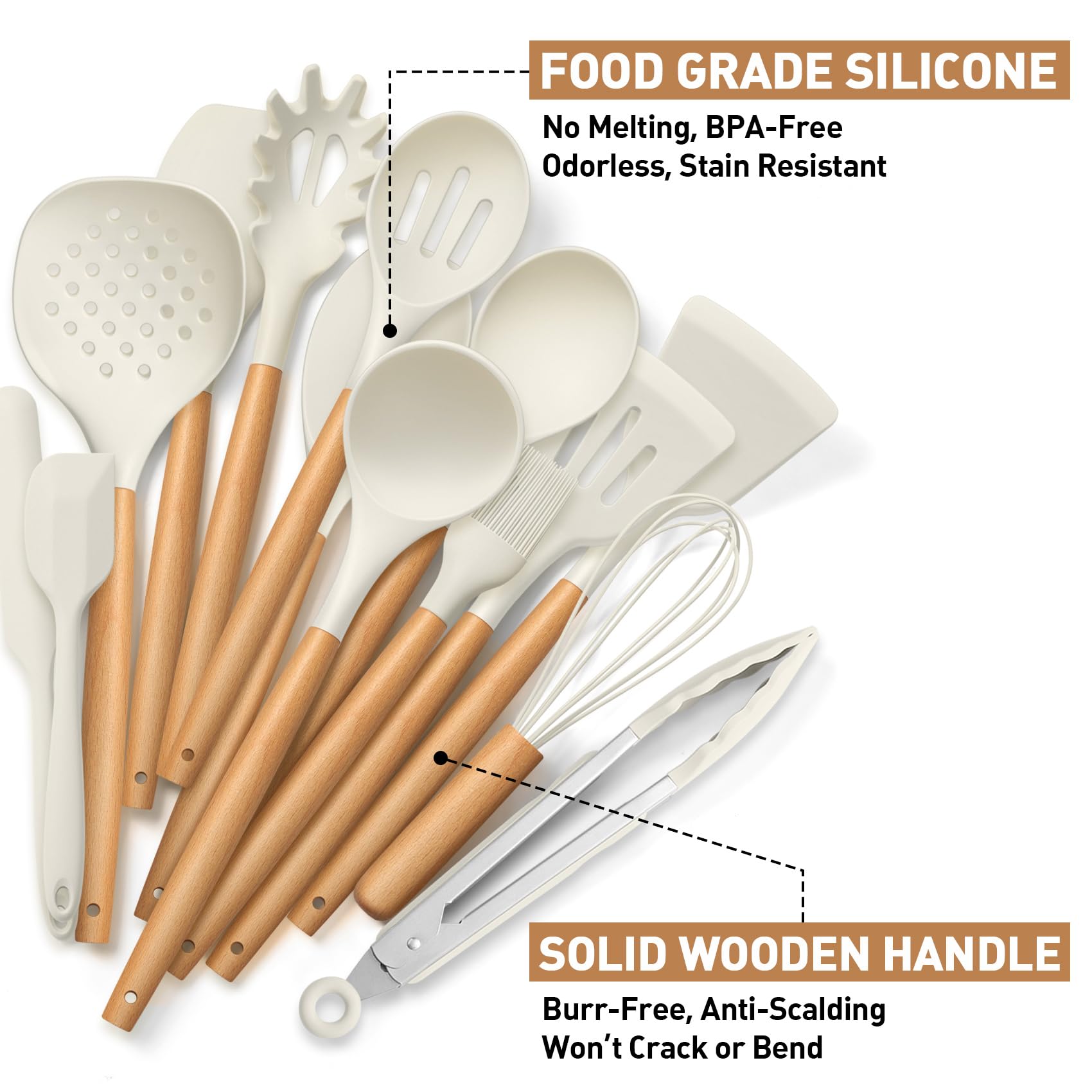 LIANYU Juego de 15 utensilios de cocina de silicona con soporte, resistentes al calor, para utensilios de cocina antiadherentes, juego de espátulas de cucharón no tóxicos con mango de madera, color