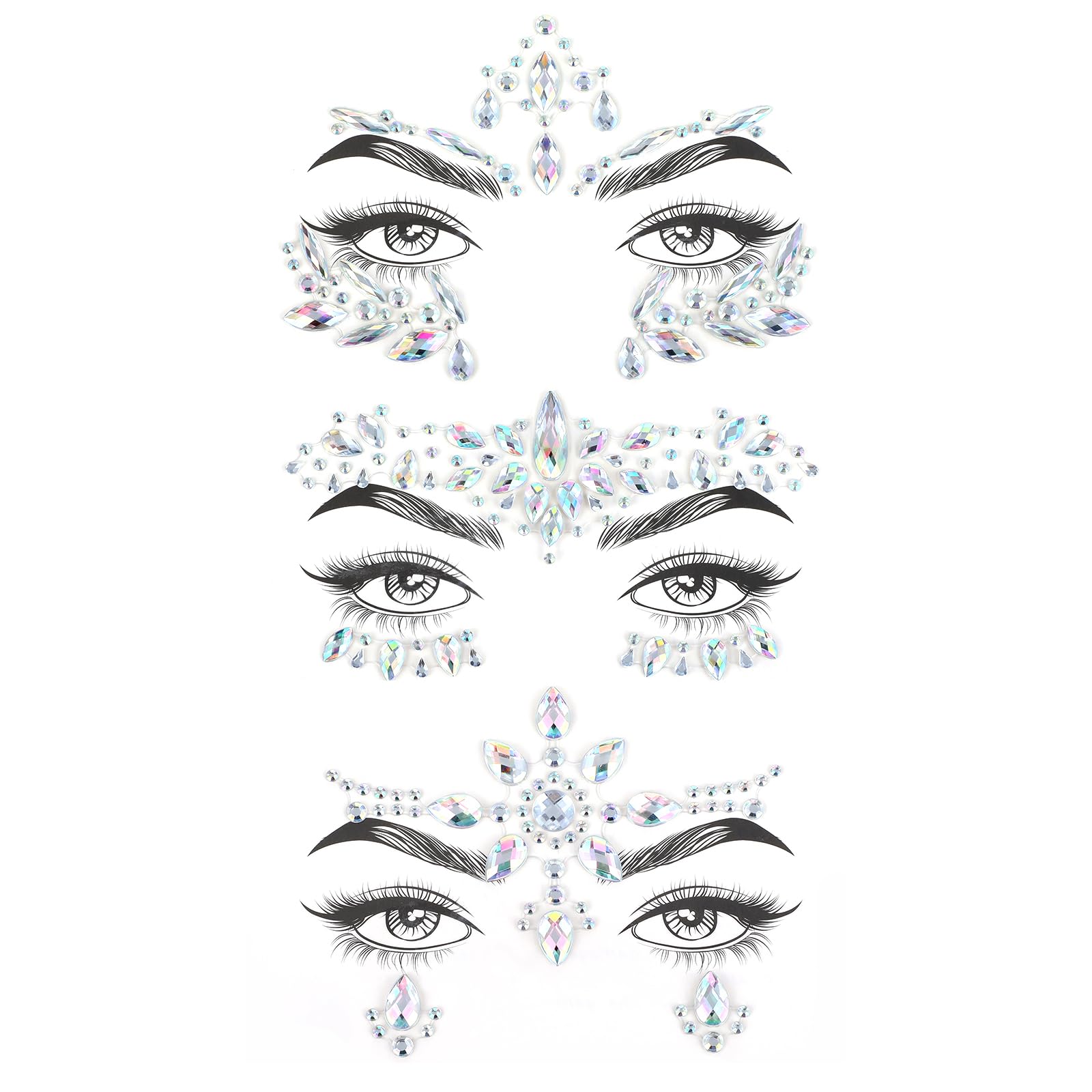 Music Festival Face Jewels, 3 Sets Mermaid Face Jewels Stick On, Rhinestone Rave Face Gems Glitter, Temporary Crystal Stickers Decorations for Christmas Festival Music Carnival Race Party Makeup Silver