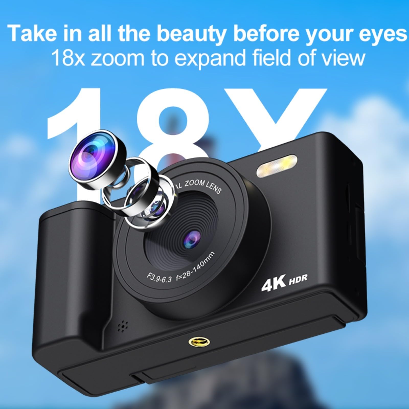 Fotocamera digitale da 64 MP 4K con zoom 16X e schermo a ribalta, telecamera compatta per vlogging per viaggi, studenti e selfie (bianco 32G)