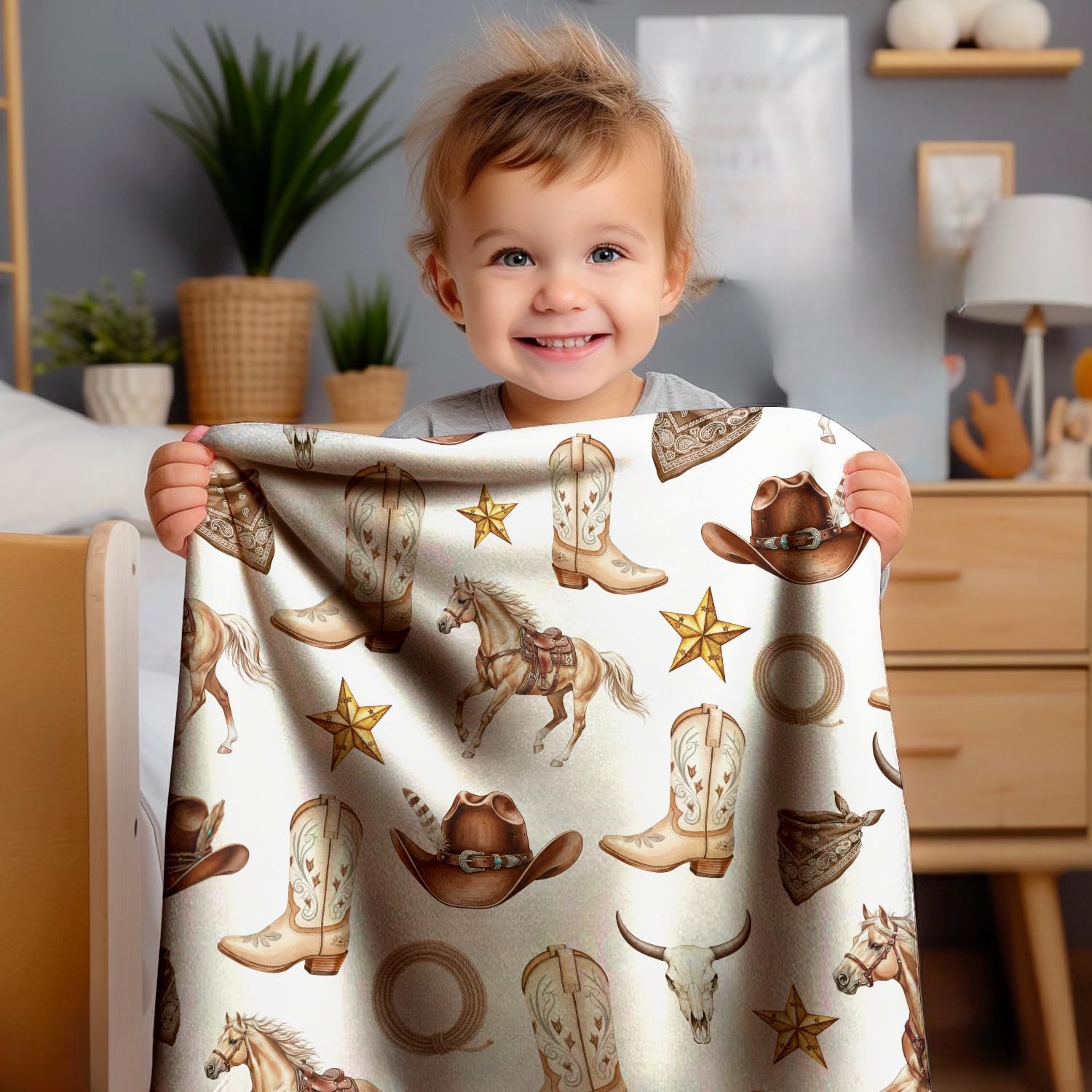 Western Blanket, Western Decor for Nursery Room, Baby Blankets for Boys Girls, CowboyTheme Baby Blankets, Western Baby Stuff, Soft Warm Lightweight Nursery Bed Blanket for Newborn Infant