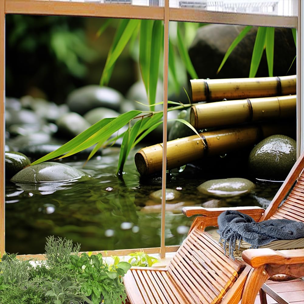Moderne Bambus-Fensterfolie, Sichtschutz, Grn, Bambus, klares Wasser,  Natur, Buntglas, Fensterfolie, Sonnenblockierung, dekorative ...