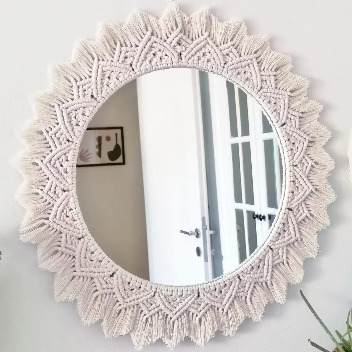 Glass | Handmade Cotton Macrame Wall Hanging Mirror With Boho Fringes, Bohemian Art Decorative Aina For Make-Up, Off-White, Dia 18 Inches, Style 2275-10, Framed, Round (Off White)