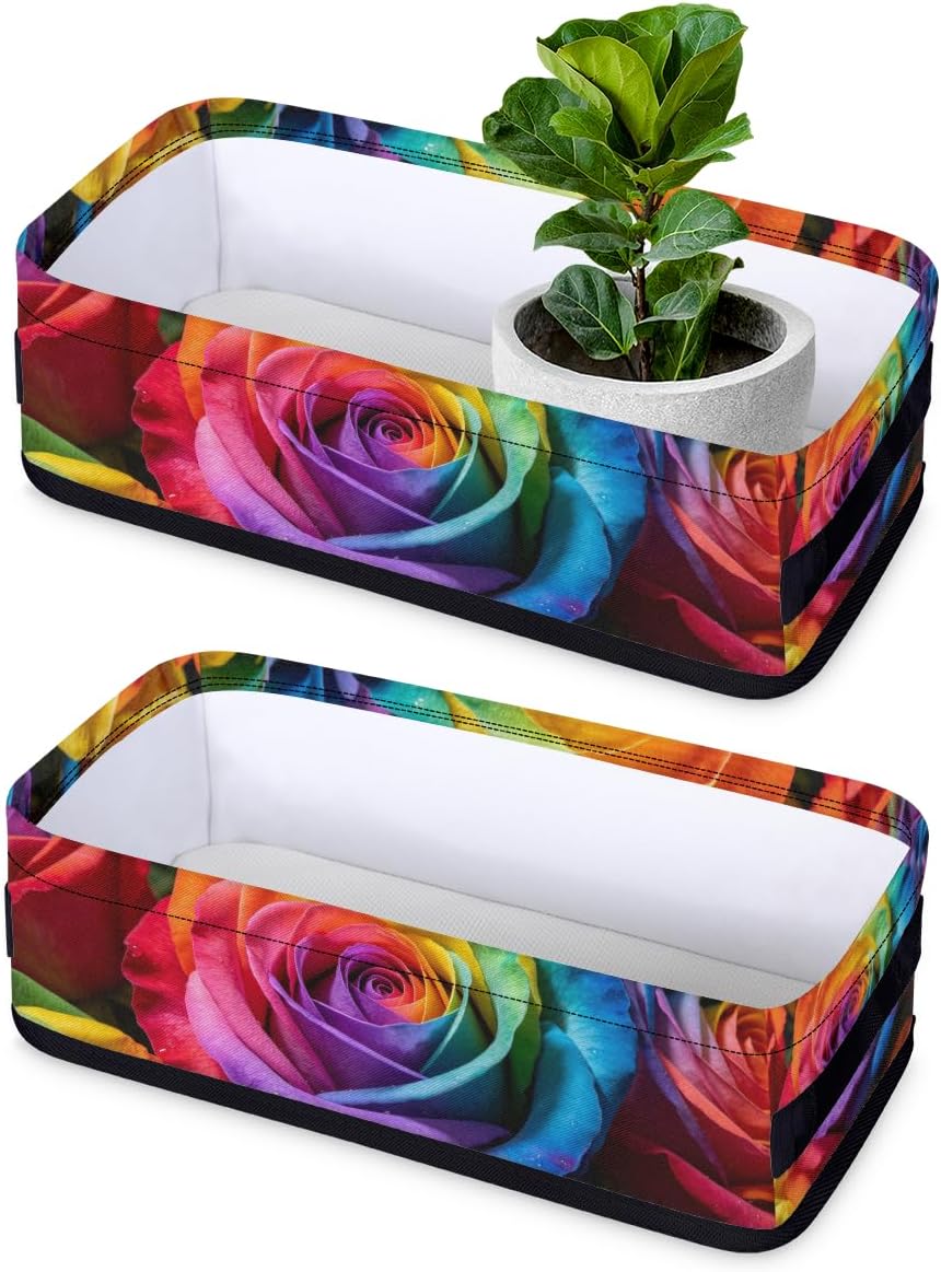 Rainbow Color Rose Small Bathroom Baskets Toilet Paper Basket Colorful Flower Narrow Fabric Storage Bin Decor for Bathroom Counter, Shelf, 2 Pack