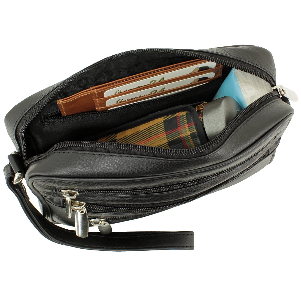 Praktische Handgelenktasche VIELE FÄCHER Feines Rind-Nappaleder SCHWARZ