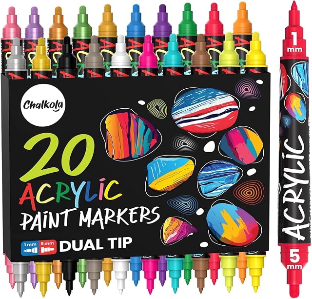 Chalkola 20 Marqueurs de peinture acrylique à double pointe - Kit de marquage acrylique pour la peinture à la roche, toile, bois, céramique, verre, tissu, métal, livres - Permanent & Stylos de peinture à pointe fine imperméable pour enfants & Adultes