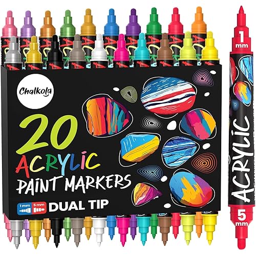 Chalkola 20 Dual Tip Acrylic Paint Markers - Acrylic Markers Kit for Rock Painting, Canvas, Wood, Ceramic, Glass, Fabric, Metal, Books - Permanent & Waterproof Fine tip Paint Pens for Kids & Adults