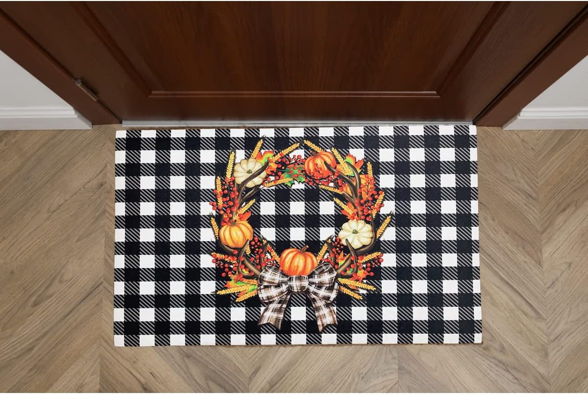Buffalo Plaid Fall Wreath Door Mat - 18" x 30", Black & White, Thanksgiving, Autumn Harvest Decor, Halloween, Front Door Decor, Entrance, Floor, Classroom, Home, Porch, Patio, Pumpkin Patch