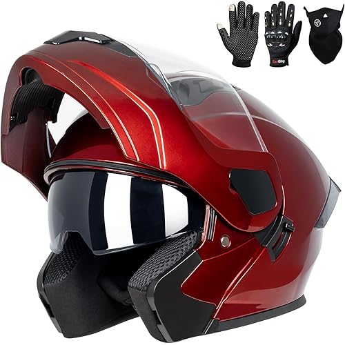 Adult Modular Motorcycle Helmets, DOT Approved Flip up Dual Visor Full Face Helmet for Men Women Moto ATV UTV Snowmobile ADV Four Wheeler Street Bike with Gloves & Mask