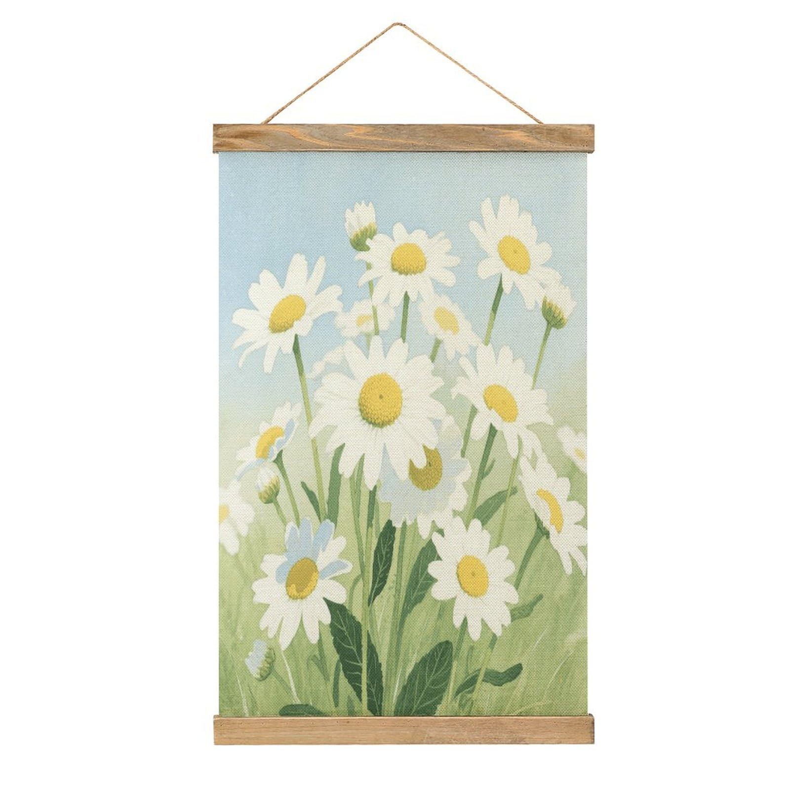 VstaDank Watercolor Daisy Hanging Poster with Wooden Frame Modern Linen Hanging Painting Retro Style Wall Decor Art Painting for Living Room,Bedroom Decor Poster Frame 20.4x13.1inch
