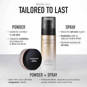 bareMinerals Original Mineral Veil Natural Matte Setting Spray, 24HR Makeup Lock & Oil Control, Alcohol-Free, Sweat & Transfer-Proof, Ultra-Fine Mist for Smooth, Matte Finish