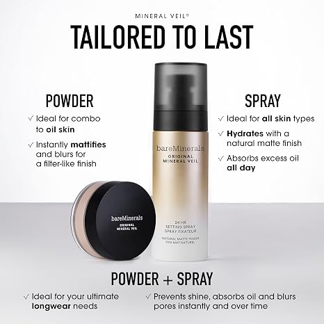bareMinerals Original Mineral Veil Natural Matte Setting Spray, 24HR Makeup Lock & Oil Control, Alcohol-Free, Sweat & Transfer-Proof, Ultra-Fine Mist for Smooth, Matte Finish