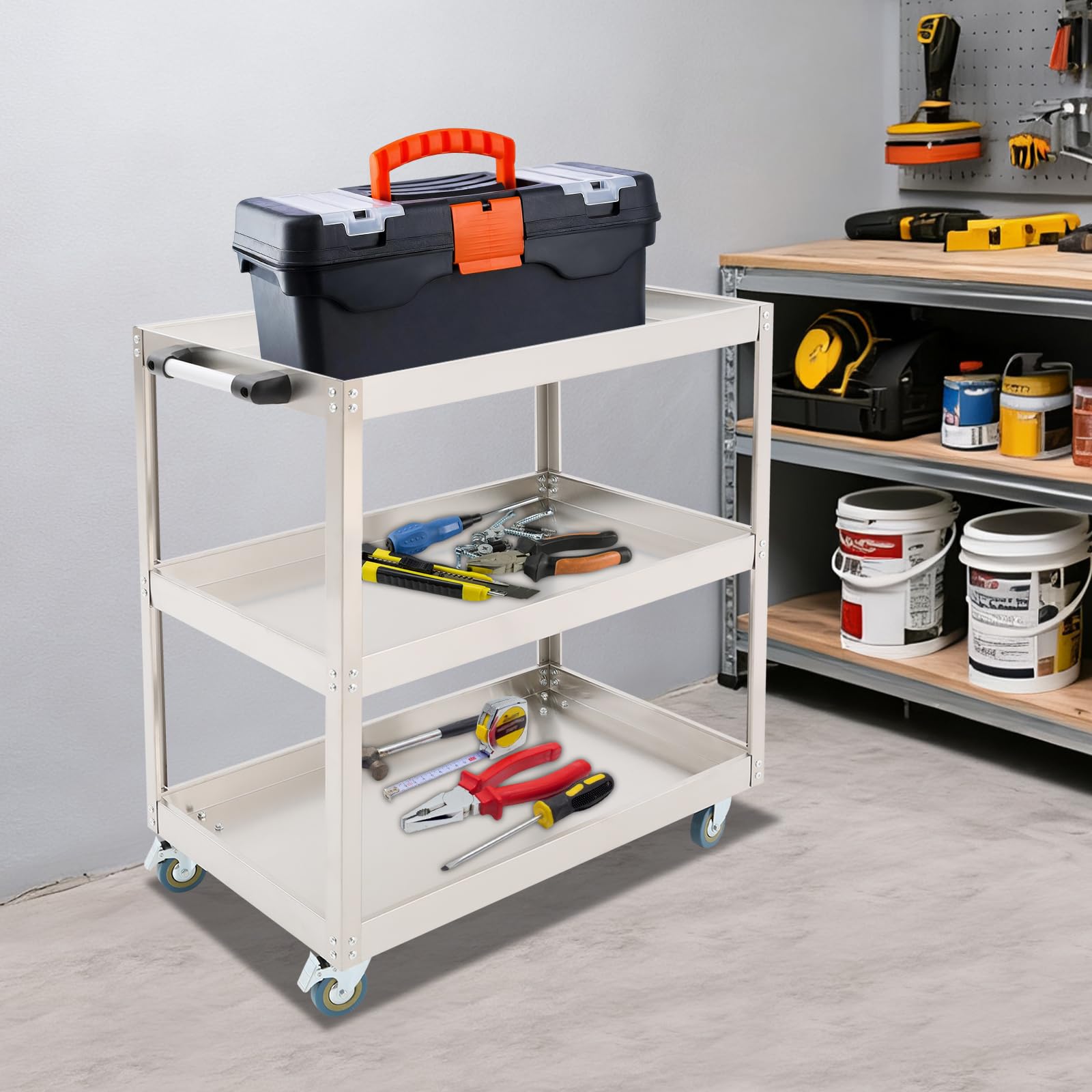 Carrello da portata in acciaio inox, portatile, con 3 partizioni e 4 ruote, carrello da cucina per ristoranti, cucine e cantieri, portata: 150 – 200 kg, 80 x 48 x 90 cm