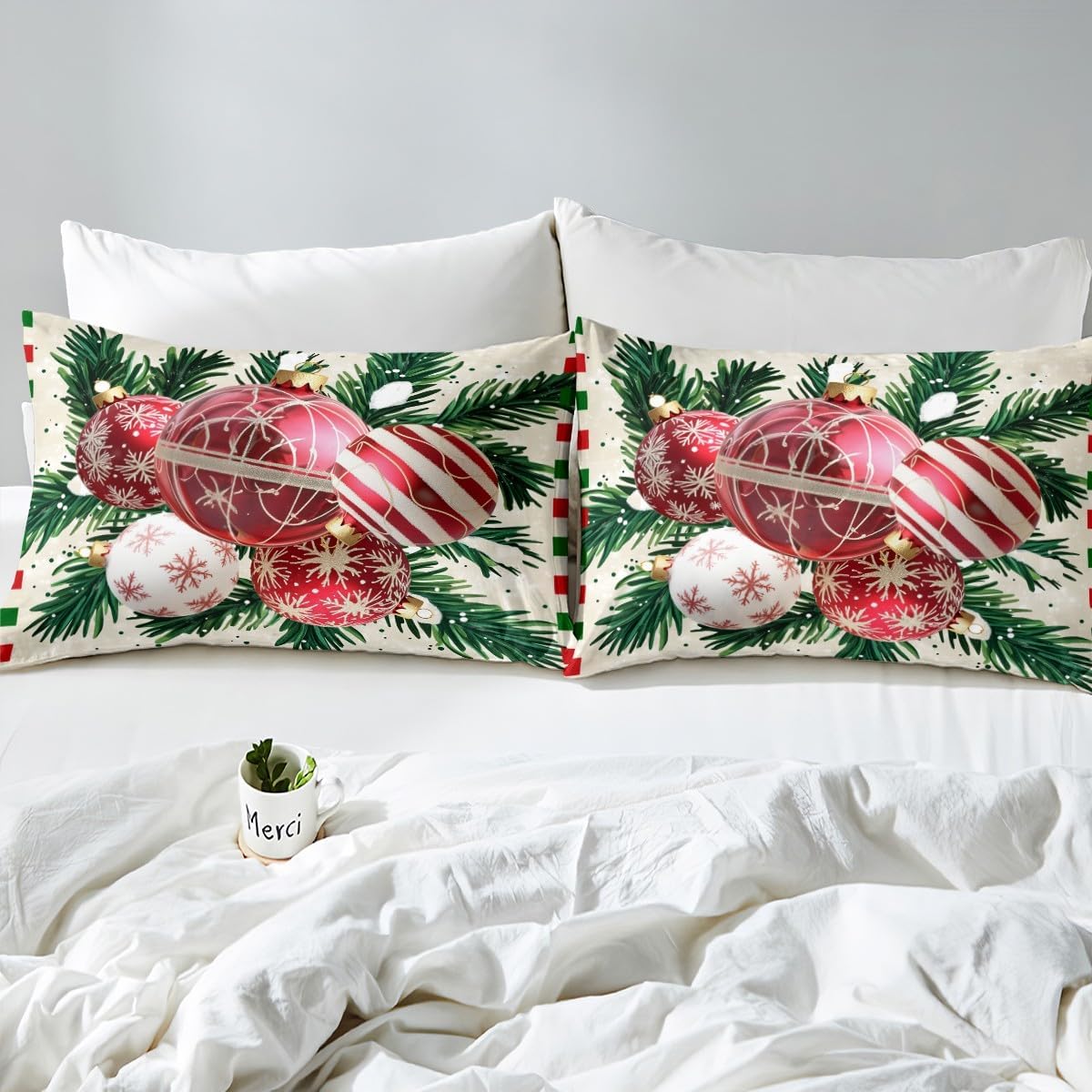 Castle Fairy Christmas Ball Bedding Set,Red and Green Duvet Cover for Kids Teens,Merry Christmas Comforter Cover Decorative Room,Xmas Quilt Cover with 2 Pillowcases,King Size(No Comforter)