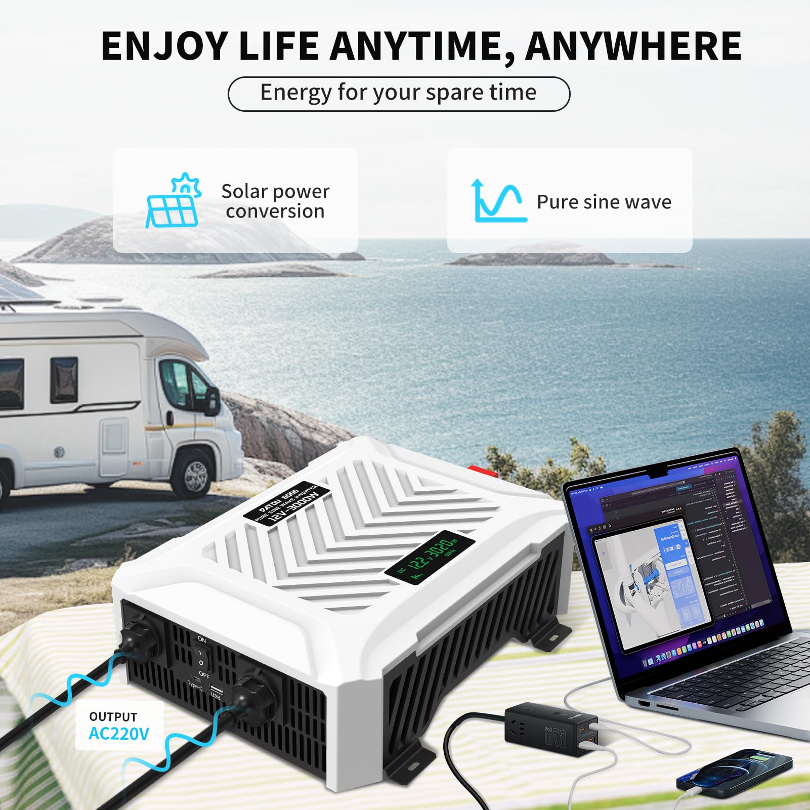 3000W Wechselrichter 12V auf 230V Reiner Sinus, Spanungswandler 6000W Spitze, Power Inverter mit 2 EU Steckdosen,1 USB-C & 1 USB-A Anschluss,LCD-Anzeige,Wohnmobil LKW Solaranlage Kfz(12V-3000W)