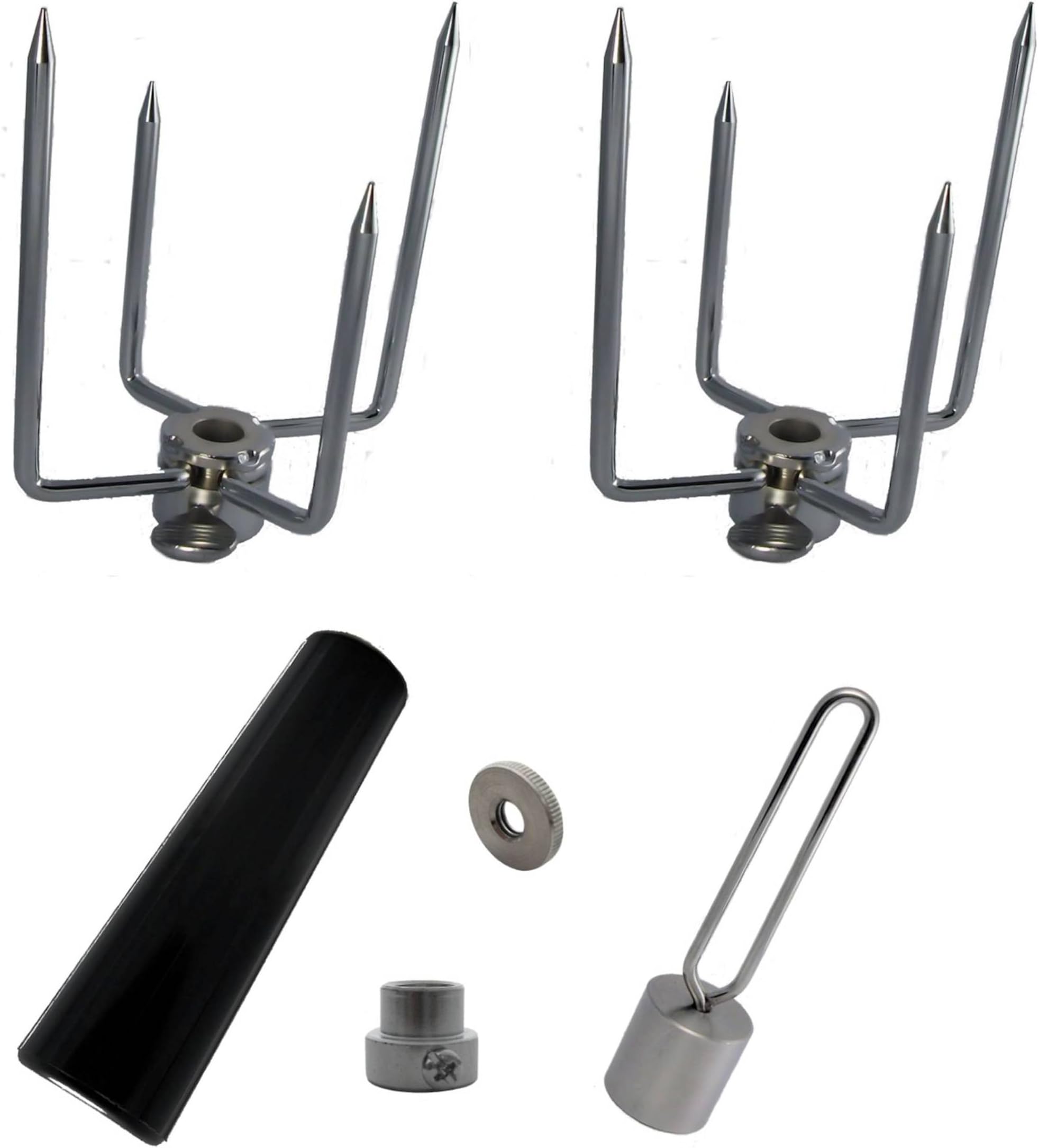 OneGrill Chrome Steel Grill Rotisserie Spit Forks Set (Fits: 5/16 Inch Square, 3/8 Inch Hexagon, & 7/16 Inch Round)