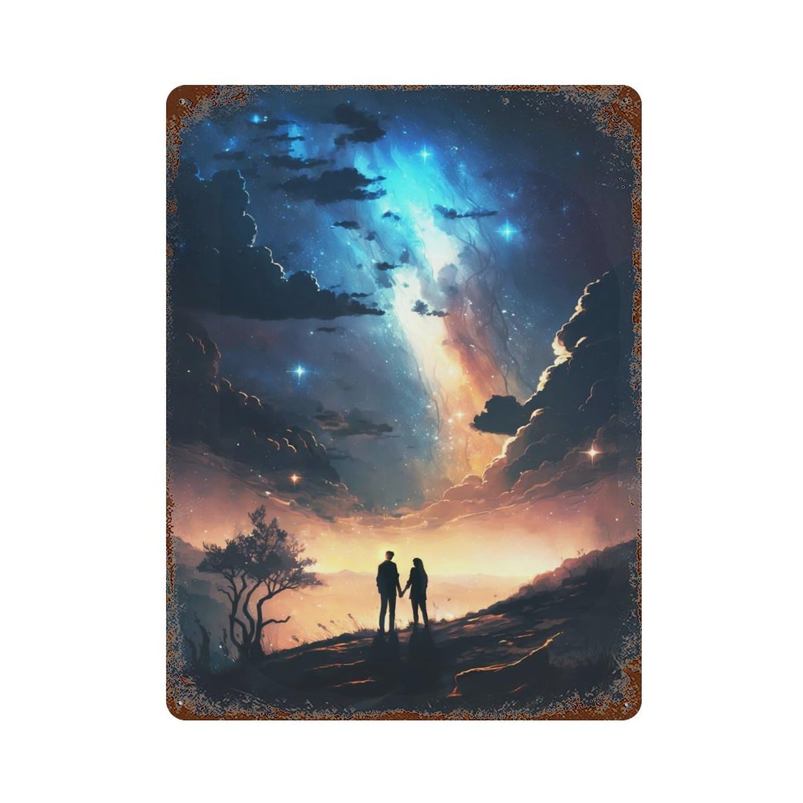 Rust Effect Starry Romance Landscape Weathered Tin Sign 15.7"x11.8", Novelty Wall Decor for Office, Studio And Wall Decor