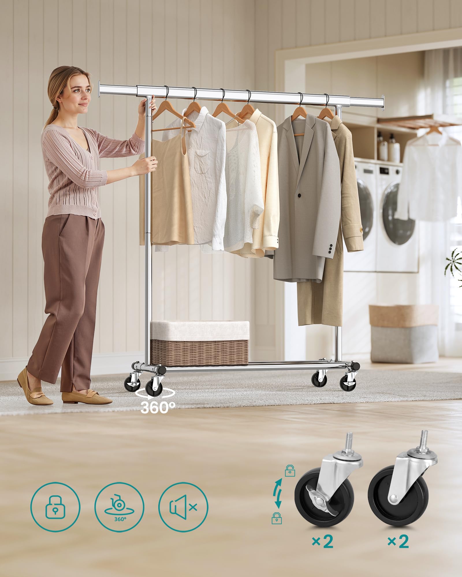 SONGMICS Stand Appendiabiti con Rotelle, Set di 20 Grucce in Legno | Asta Estensibile, Gancio Girevole a 360°, Colore Argento e Naturale