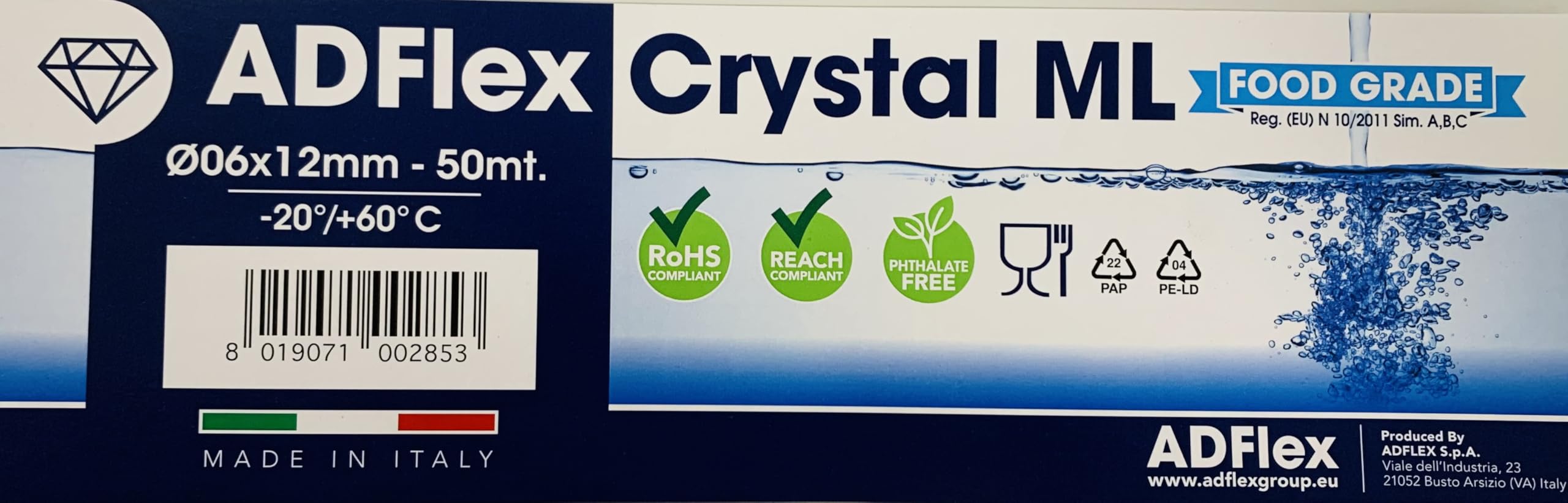 Tubo in PVC trasparente Crystal Retex ML 6x12 50 m Rinforzato, Ultra Resistenza, Qualità Alimentare, passaggio aria, aria compressa, passaggio liquidi, acqua potabile, irrigazione