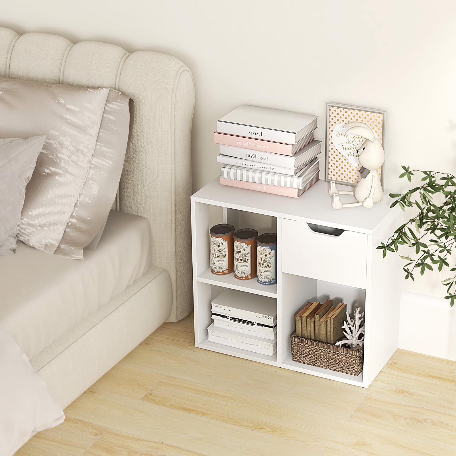 HOMASIS Cubo Portaoggetti Scaffale, Mobiletto Salvaspazio con Cassetto e 3 Scomparti, Scaffale Piccolo in Legno, Divisorio per Soggiorno, Ufficio, Camera da Letto, 60 x 30 x 53 cm (Bianco)