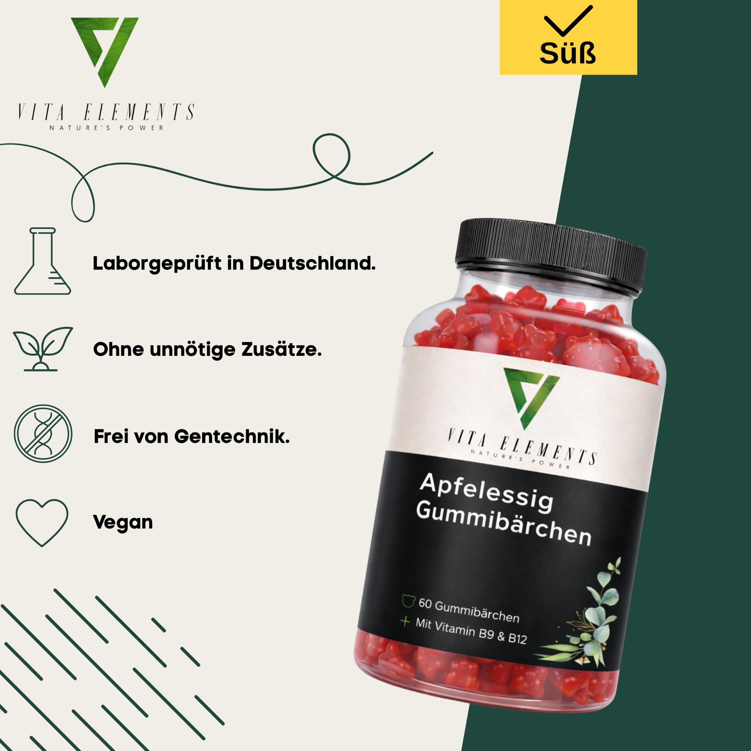 Vita Elements Gomitas de Vinagre de Manzana - 60 Unidades - Con Vitamina B12 y Ácido Fólico - Apoyo al Metabolismo - Vegano - Sin Gluten - Sin Aditivos Artificiales - Probado en Laboratorio (5)