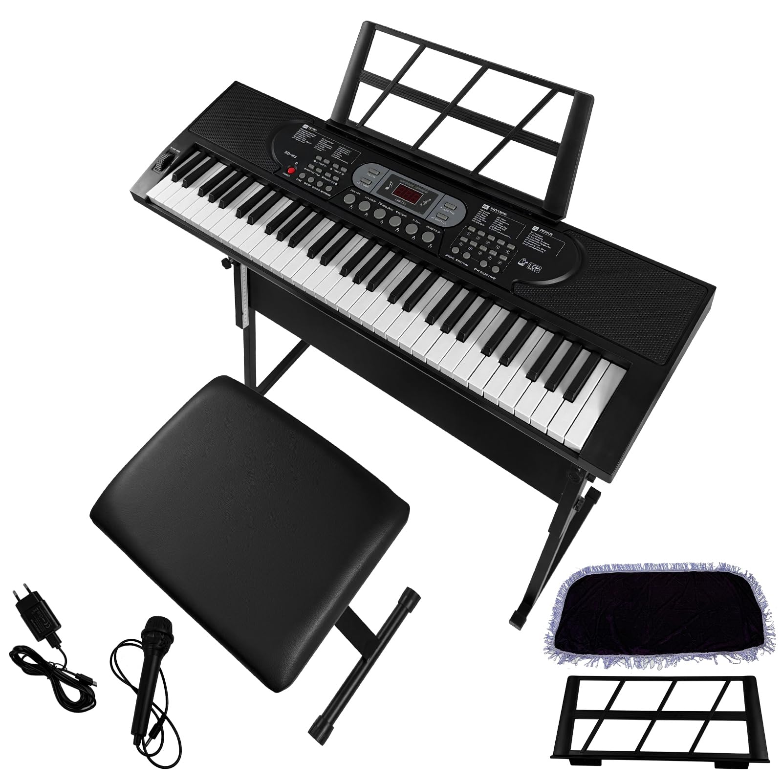 61 Keyboard Piano Kit für Anfänger, Digital Piano Keyboard mit 61 Tasten Lautsprechern, E Piano mit Intelligentem Unterricht, Klavierständer, Klavierhocker, 70 Demo-Songs