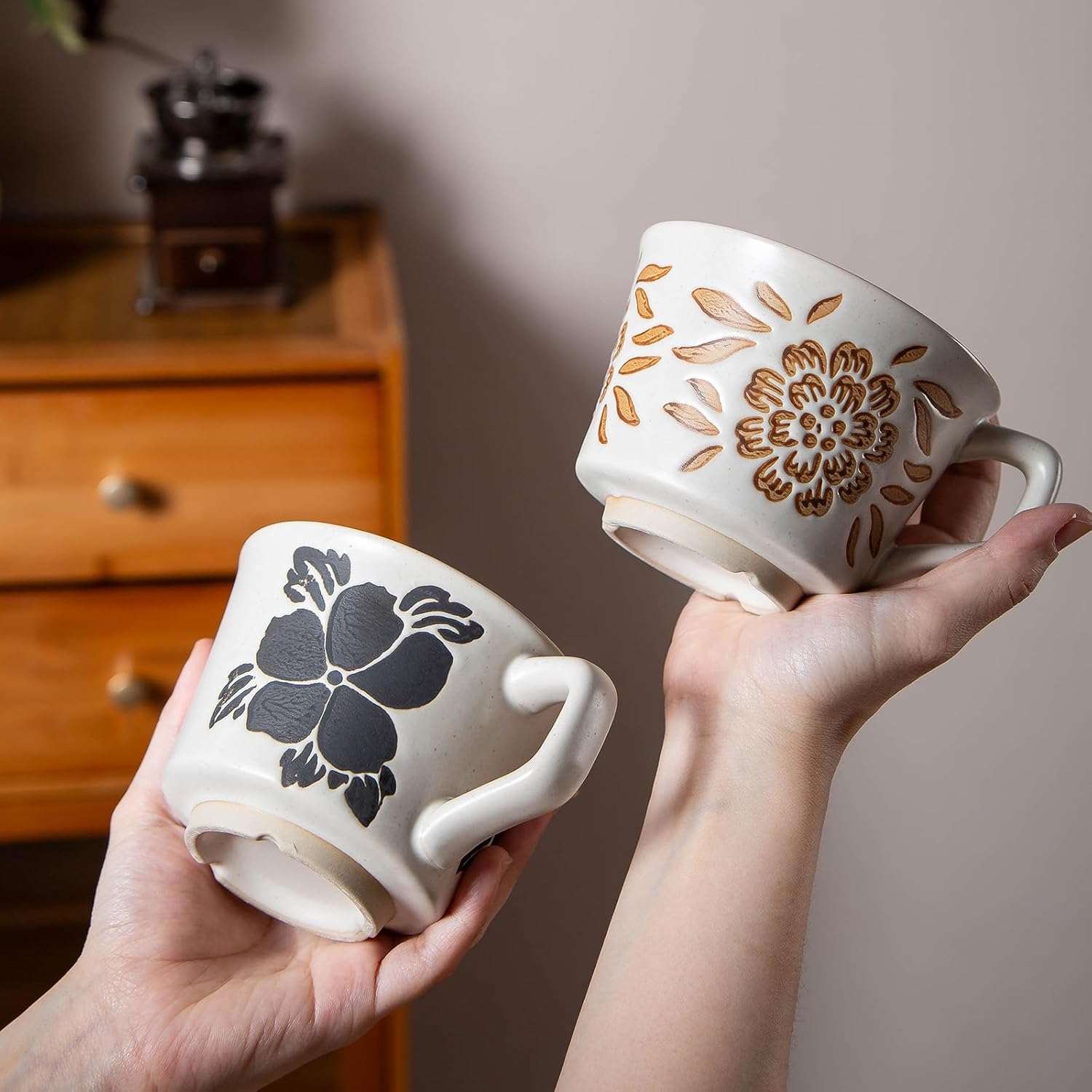 Ceramic Coffee Mug Set of 4, 12OZ Novelty Pumpkins Pattern Cappuccino Cup, Trendy Coffee Cups for Home or Cafe Use - Microwave and Dishwasher Safe