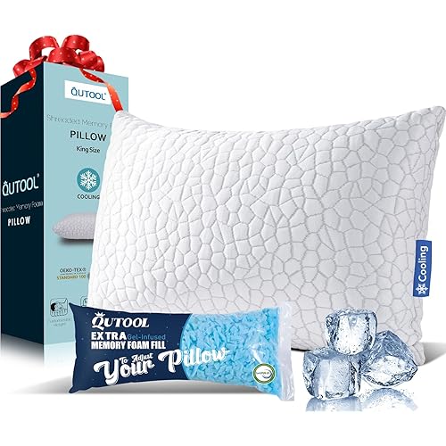 Shredded Memory Foam Pillows for Sleeping King Size Pillow, Cooling Gel Pillows for Hot Sleepers Cool Pillow for Side and Back Sleeper, Soft Yet Support Adjustable Bed Pillow, Gift for Women or Men