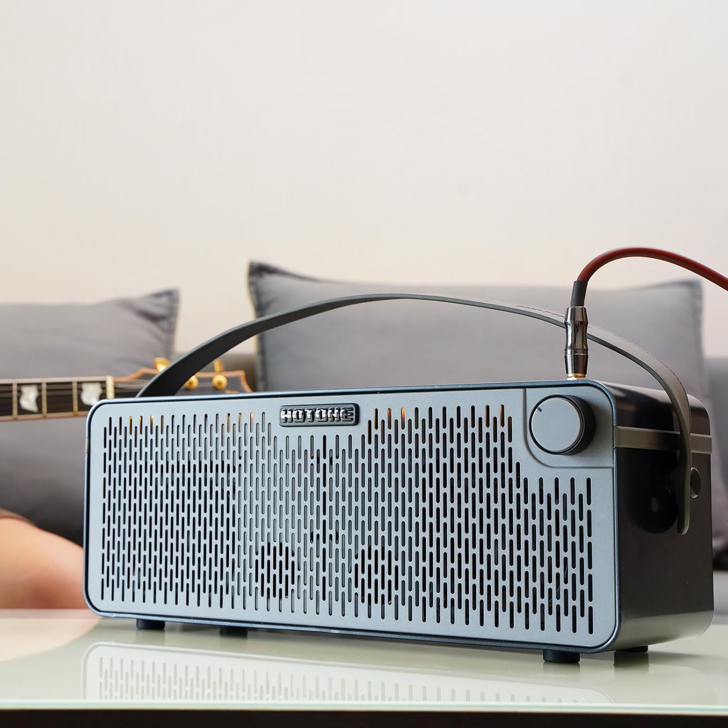 Hotone Pulze amplifier in a living room setting, ready for use.