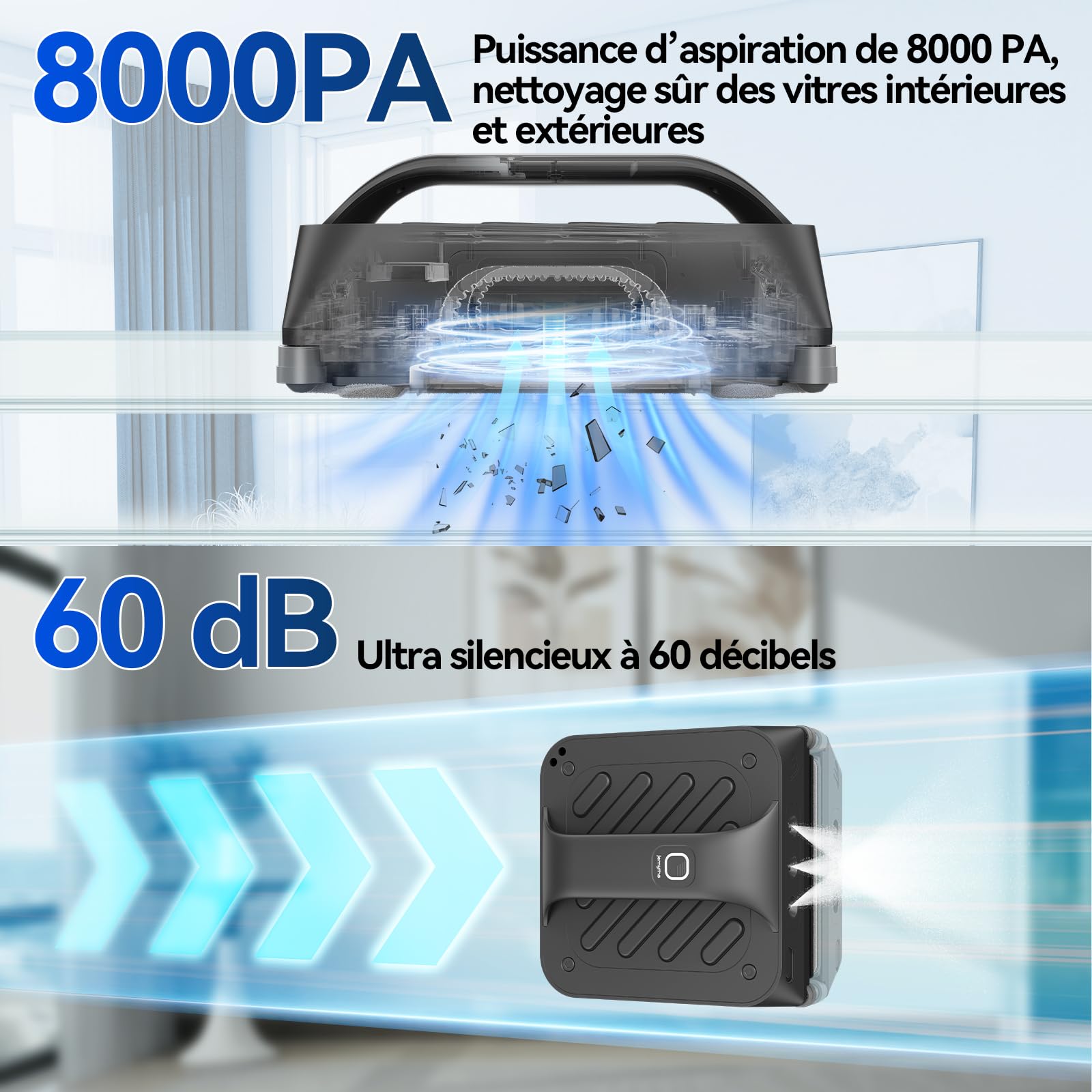 Robot de nettoyage de fenêtres avec 6 buses d'eau, 8000 Pa Robot de nettoyage des fenêtres avec différents modes de nettoyage, commutateur de langue annoncée, manipulation facile pour fenêtres