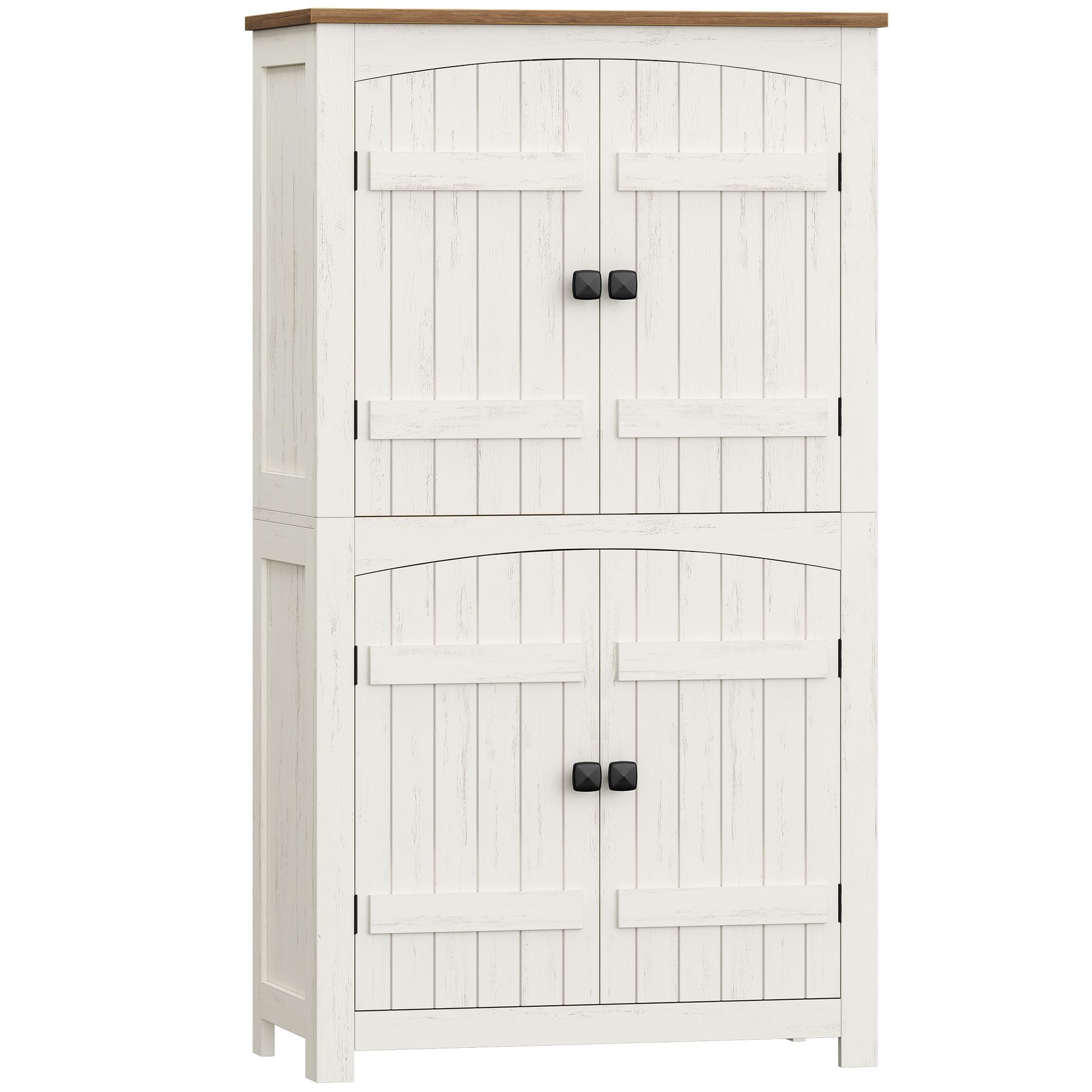 HEXCELEN Armoire de Rangement avec Portes de Grange, Style Ferme, Buffet Haut, avec 4 Portes, Meuble de Rangement, Étagères Réglables, Marron Rustique et Blanc, 30 x 60 x 110 cm