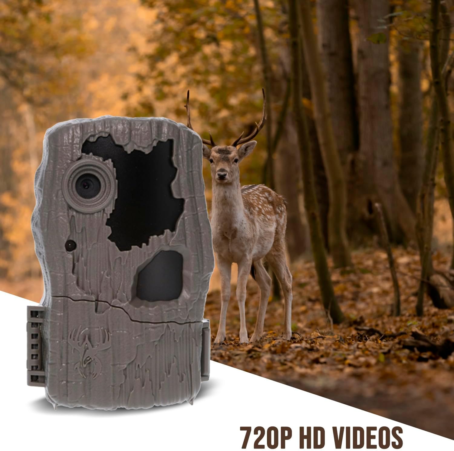 A Wildgame Innovations trail camera positioned in a forest setting with a deer standing nearby, illustrating its use in natural environments.