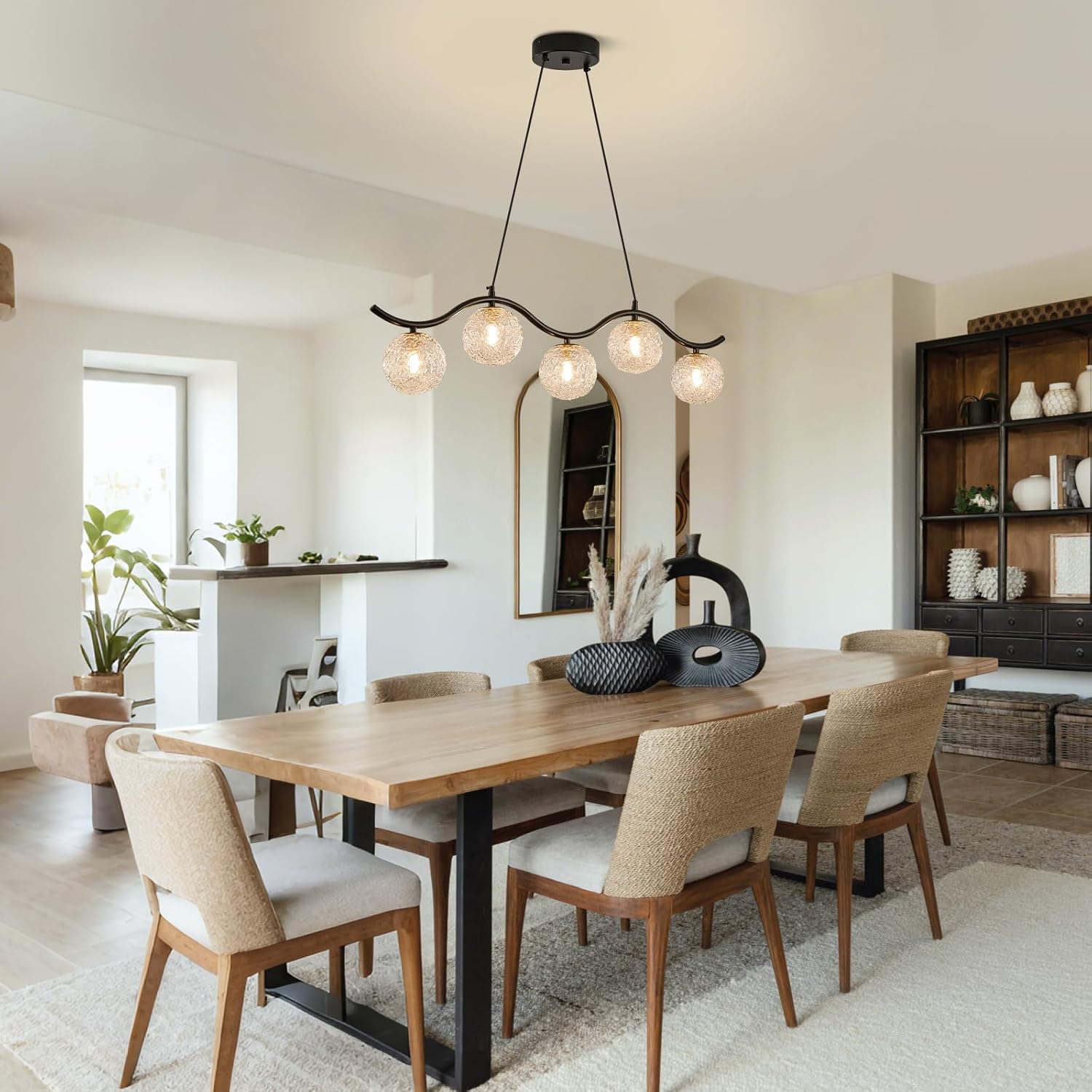 Modern Linear Globe Chandelier Black 5-Lights Dining Room Chandeliers Over Table Mid Century Linear Chandelier Adjustable Height Clear Glass Globe Pendant Light for Farmhouse Kitchen Island
