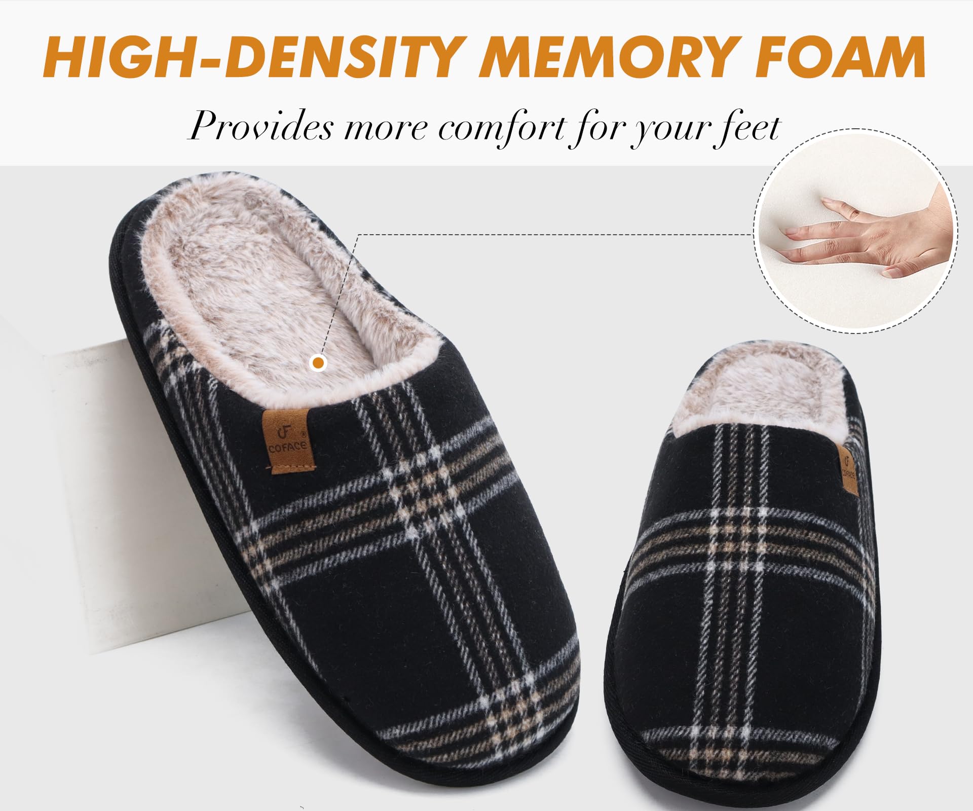 COFACE Pantofole da Uomo Invernali Plaid, Comoda Memory Foam Calde Scarpe da Casa in Lana con Suola Antiscivolo 40-49