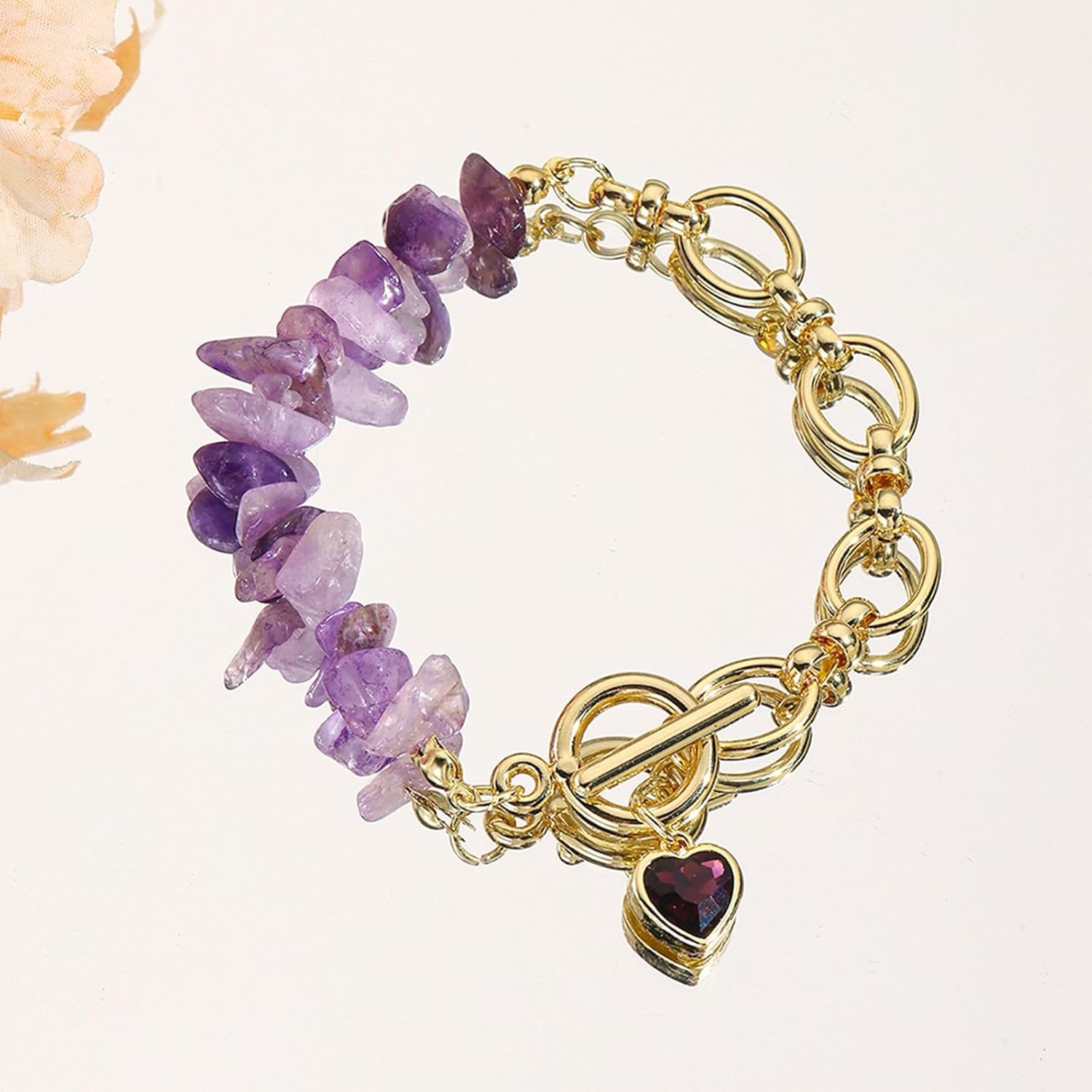 Purple Crystal Toggle Bracelet for Women Heart Charm Gold Chunk Link Bracelet Jewelry Gift - Image 3