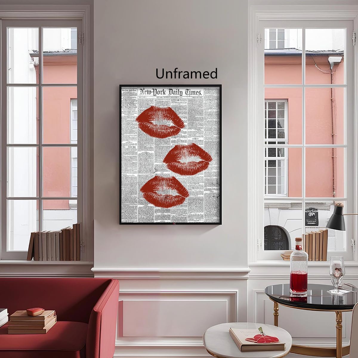 abrtolpffo Black White Newspaper Canvas Wall Art, Fashion Red Kiss Lips Aesthetic Poster, Trendy Girly Sexy Dorm Apartment Picture Painting, Funky Pub Bar Cart Wall Decor 24x36in Wrapped Canvas