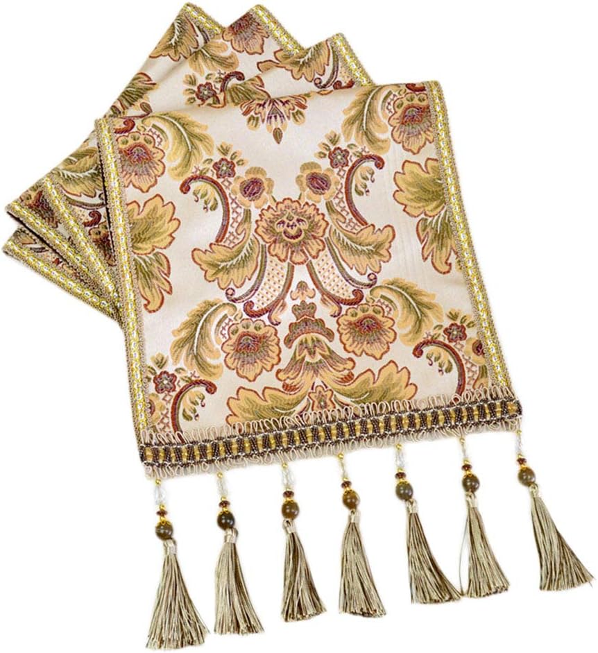 Modern Luxury Embroidery Damask Floral Table Runners and Dresser Scarves with Multi Tassels for Dinner Holiday Parties Wedding Events Decor (13"x71" Blue) Decor for Home (Beige 13x79 Inches)