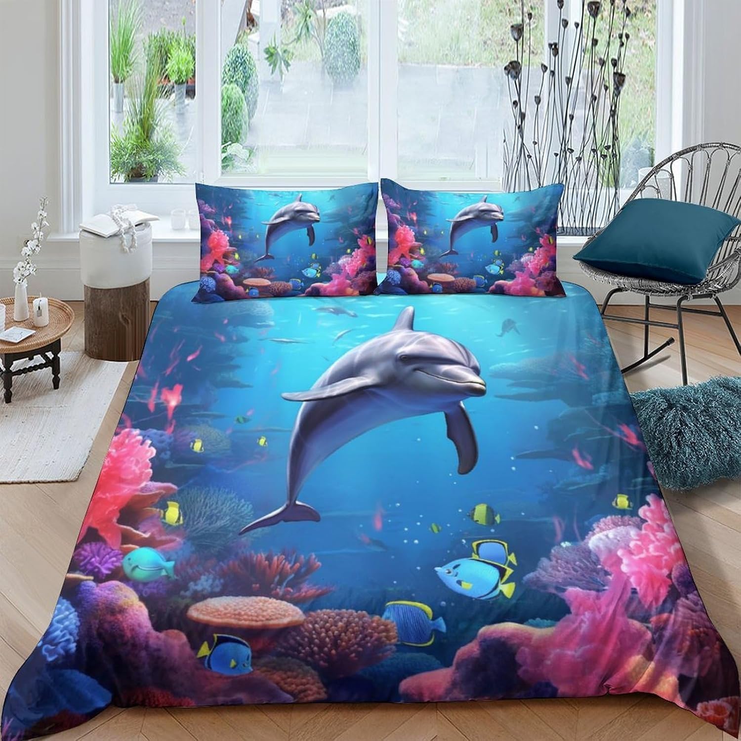 Parure de lit dauphin 240x220 cm avec housse de couette et taies d'oreiller en microfibre 3D