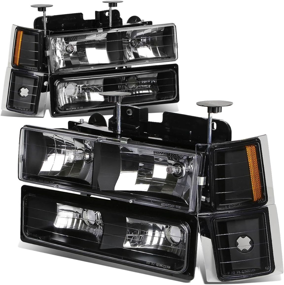 DNA MOTORING Pair Black/Amber Headlights+Bumper Lamps+Amber Corner Lights Compatible with 94-99 Chevy C/K Suburban 1500 2500 3500,HL-OH-8P-C1094-BK-AM