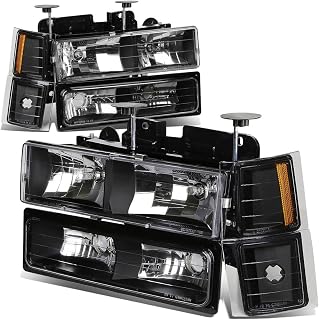DNA MOTORING Pair Black/Amber Headlights+Bumper Lamps+Amber Corner Lights Compatible with 94-99 Chevy C/K Suburban 1500 2500 3500,HL-OH-8P-C1094-BK-AM