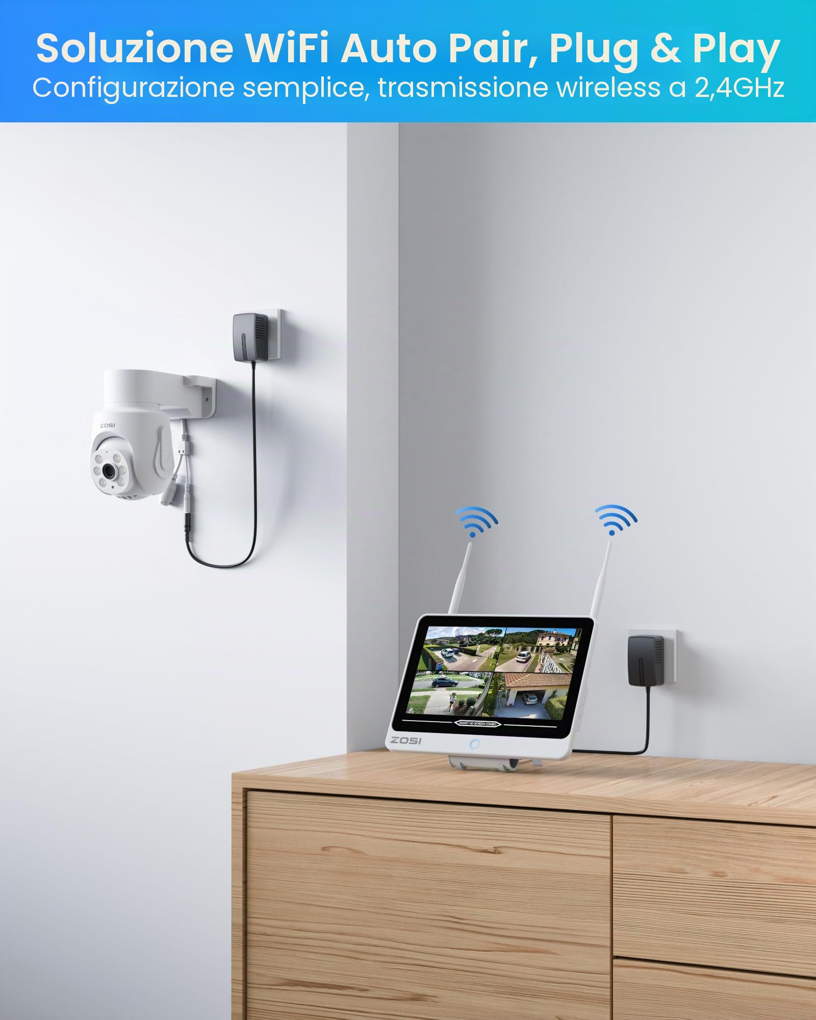 ZOSI 5MP Telecamera di Sorveglianza per Esterno, 8CH 2TB NVR con 12” Monitor, 8x Telecamera WiFi 6 Pan &Tilt, Audio a 2 Vie, Rilevamento Persone AI, Visione Notturna a Colori, C280