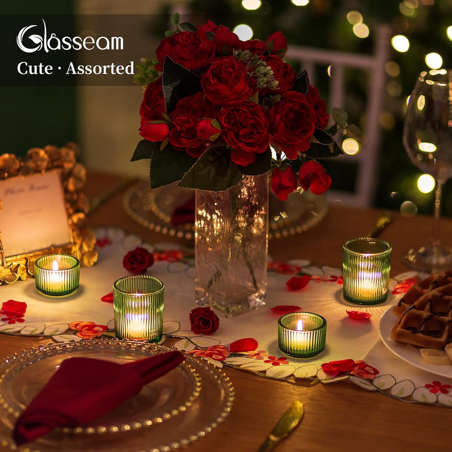 Glasseam Green Votive Candle Holder, Ribbed Small Glass Candle Holder Set of 24, Rustic Tea Light Holders Decorative Bulk, Assorted Vintage Tealight Candle Holder for Wedding Table Centerpieces - Image 5